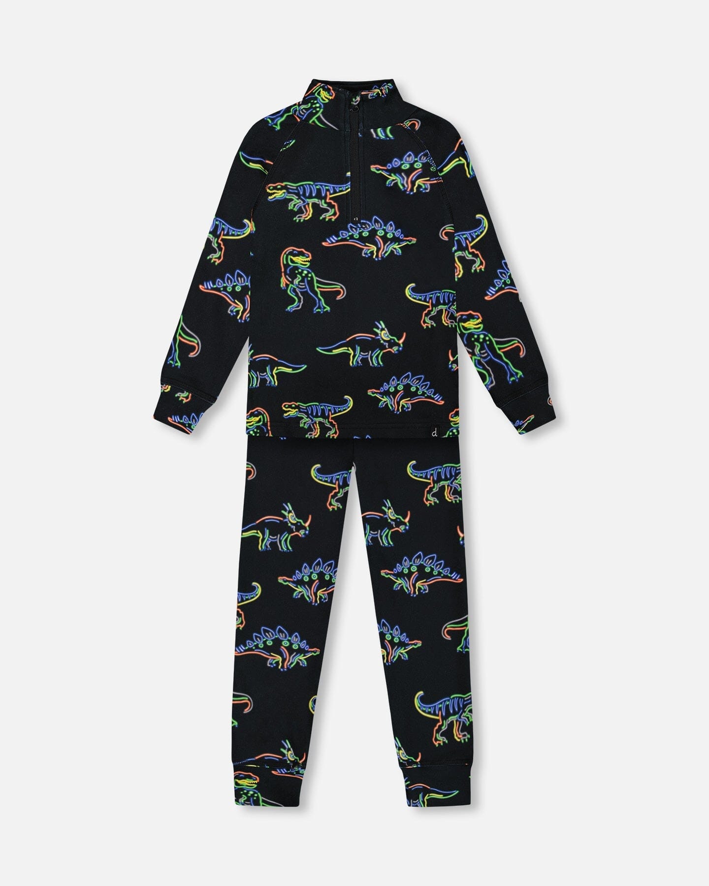 Two Piece Thermal Underwear Set Black Printed Neon Dino