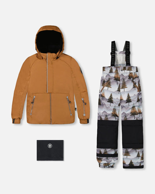 Two Piece Snowsuit Solid Brown Jacket And Grey Landscape Printed Brown Trees