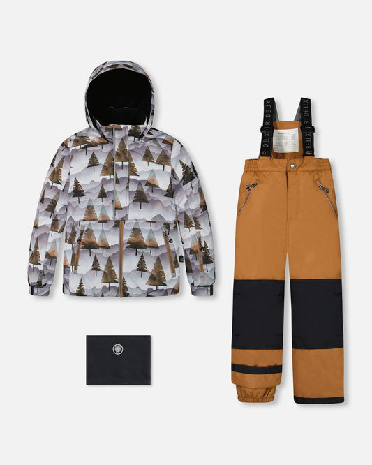 Two Piece Snowsuit Grey Landscape Printed Brown Trees And Brown