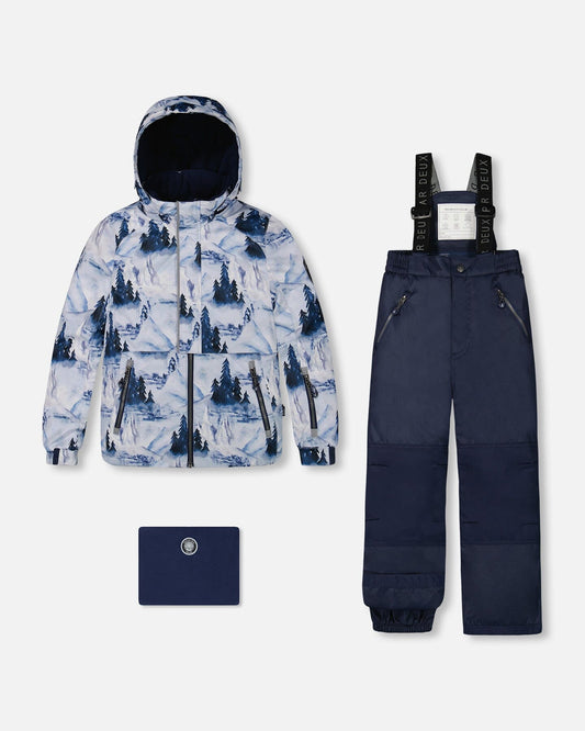 Two Piece Snowsuit Watercolor Pine Print And Solid Navy Pant