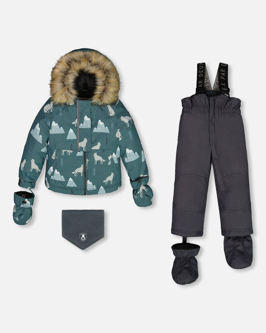 Two Piece Baby Snowsuit Sage Printed Wolves And Dark Grey