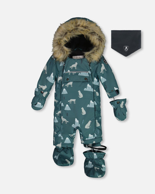 One Piece Baby Snowsuit Sage Printed Wolves Designed For Car Seat