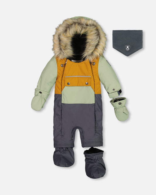 One Piece Baby Snowsuit Sage, Brown And Dark Grey