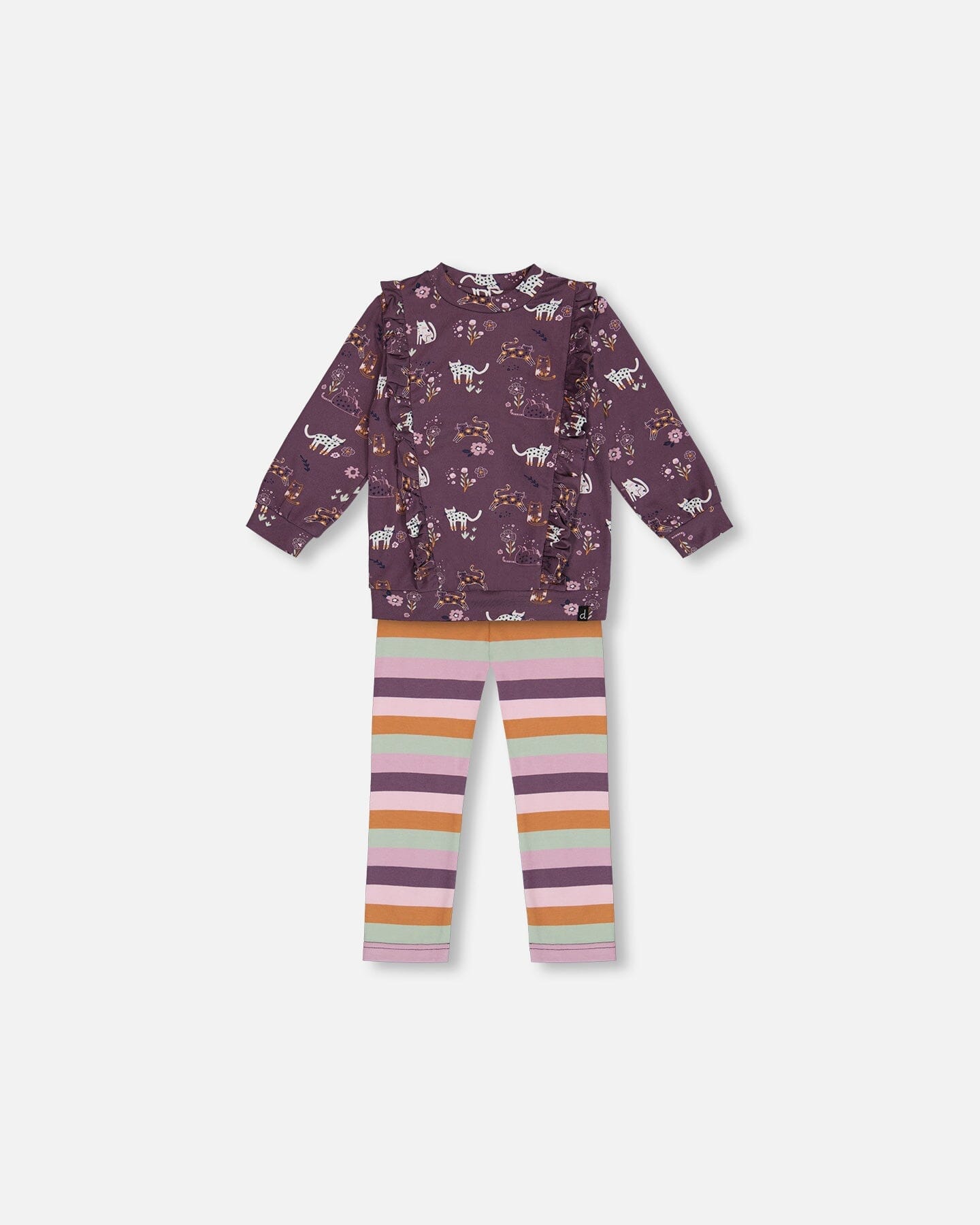 Tunic Mauve Printed Cats And Striped Leggings Set