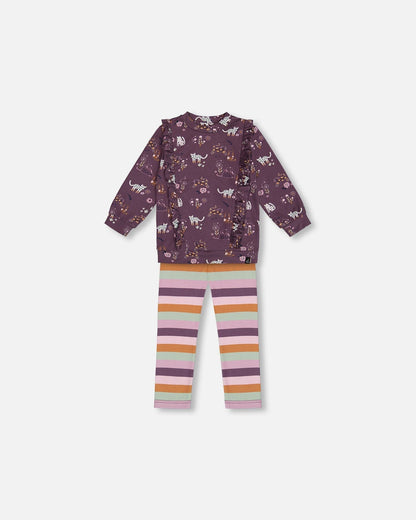 Tunic Mauve Printed Cats And Striped Leggings Set