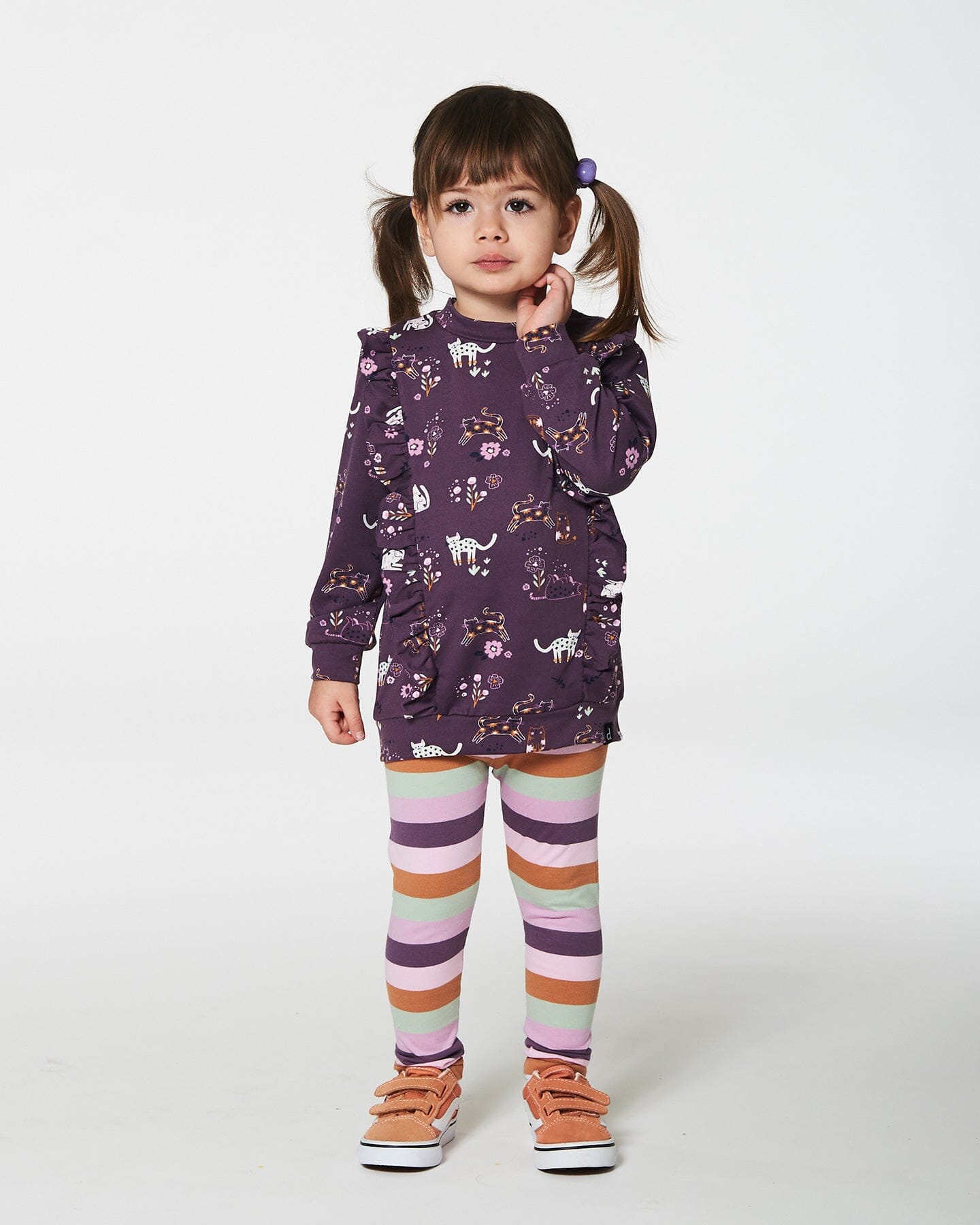 Tunic Mauve Printed Cats And Striped Leggings Set