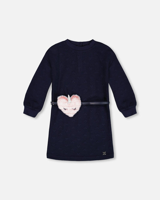 Quilted Heart Fleece Dress With Belt Navy