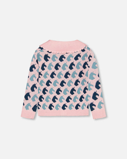 Jacquard Knit Cardigan Pink Unicorn