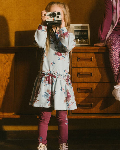 Fleece Dress Light Blue Printed Big Flowers