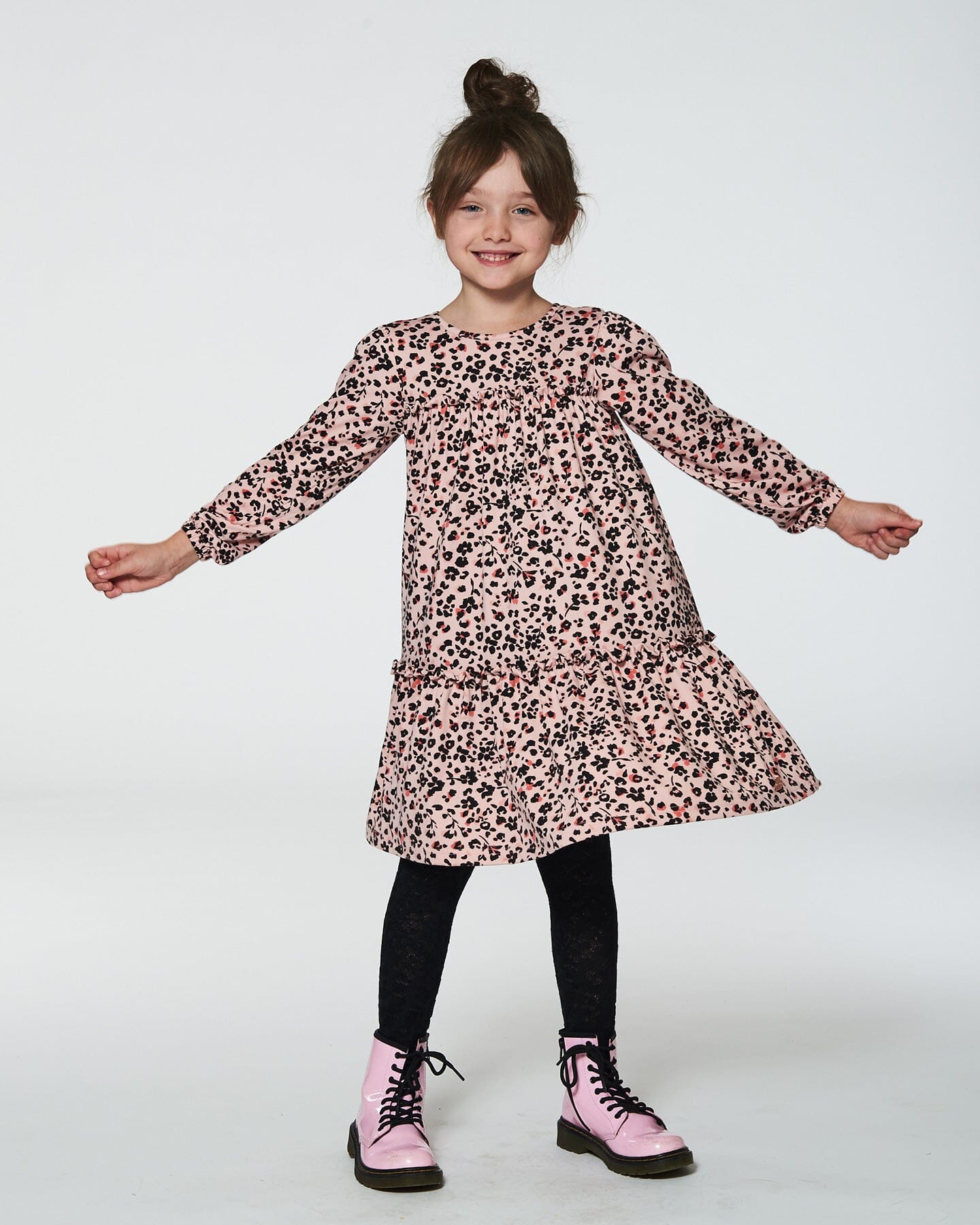 Long Sleeve Dress With Frills Pink Printed Leopard Flowers