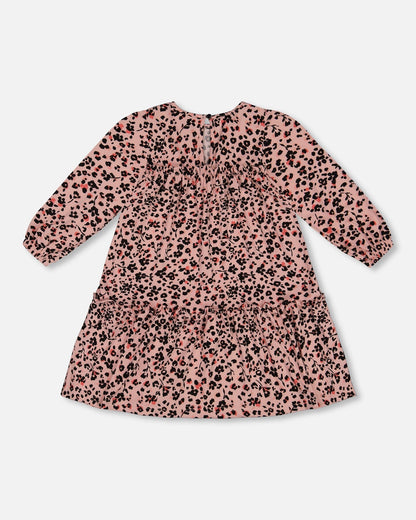 Long Sleeve Dress With Frills Pink Printed Leopard Flowers