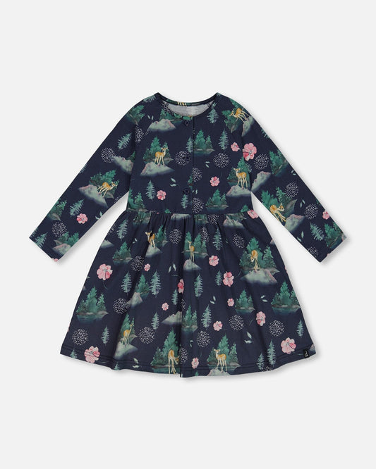 Jersey Long Sleeve Dress Navy Printed Bambi