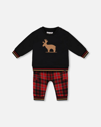 Fleece Sweatshirt And Pant Set Plaid Black And Red