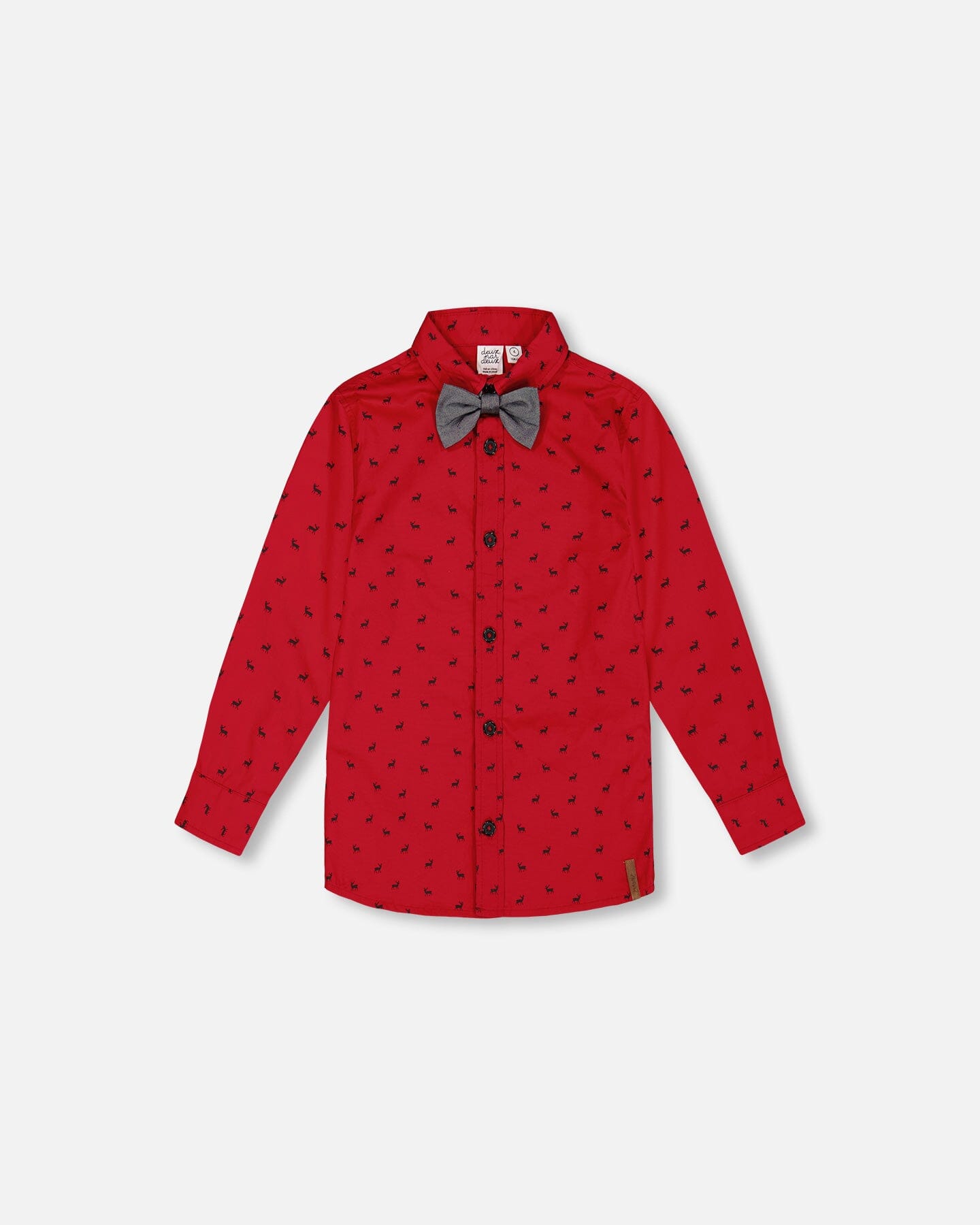 Printed Reindeer Poplin Shirt With Bow Tie Red