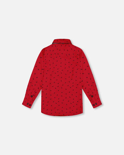 Printed Reindeer Poplin Shirt With Bow Tie Red