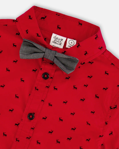 Printed Reindeer Poplin Shirt With Bow Tie Red