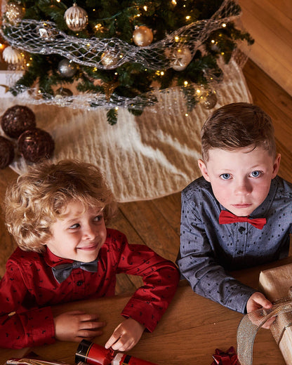 Printed Reindeer Poplin Shirt With Bow Tie Red