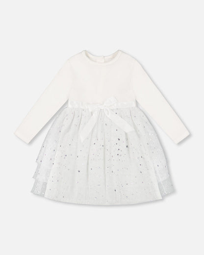 Bi-Material Dress With Glittering Tulle Skirt Off White