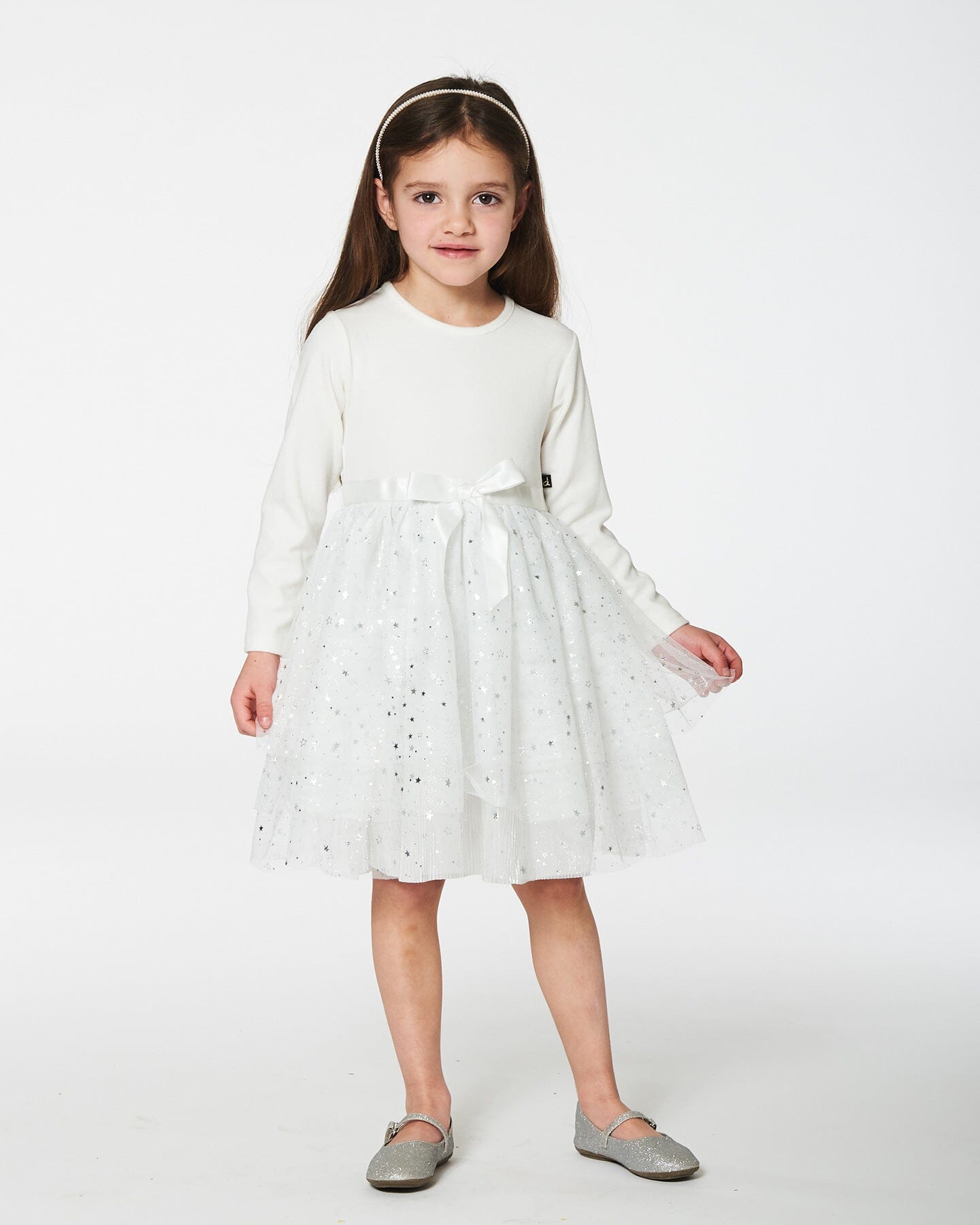 Bi-Material Dress With Glittering Tulle Skirt Off White