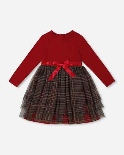 Bi-Material Dress With Glittering Tulle Skirt Red Plaid