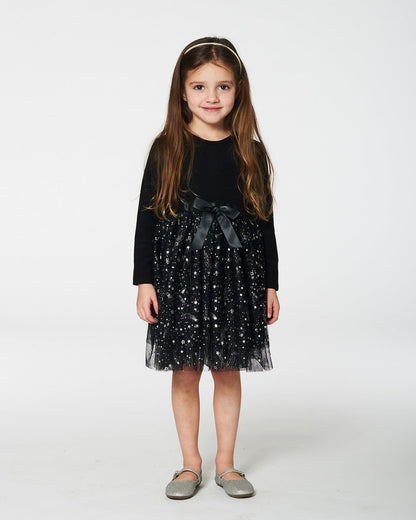 Bi-Material Dress With Glittering Tulle Skirt Black