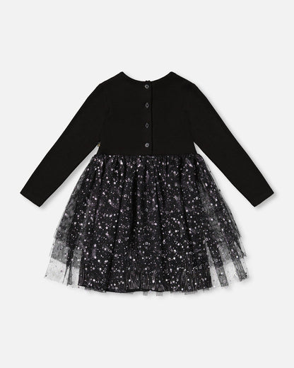 Bi-Material Dress With Glittering Tulle Skirt Black