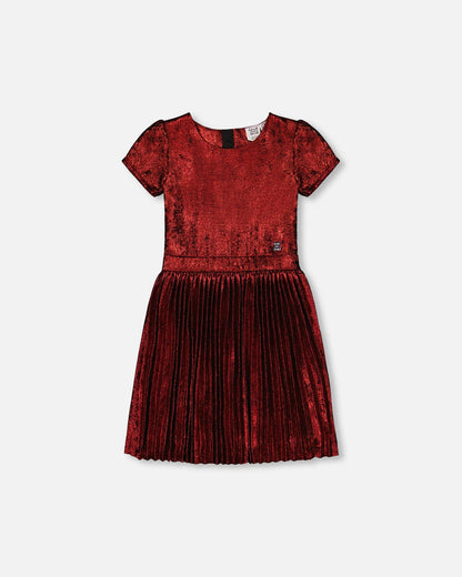 Short Sleeve Dress With Pleated Skirt Metallic Red