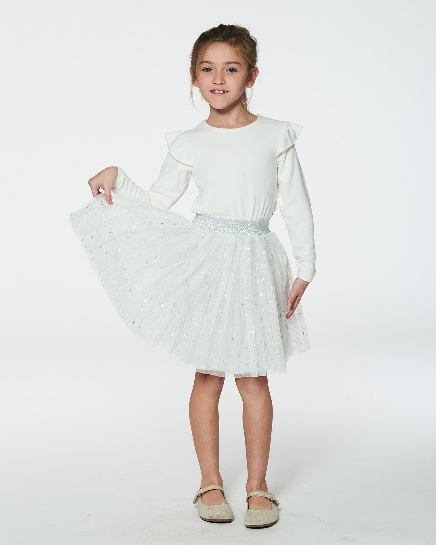 Long Sleeve Dress With Glittering Tulle Skirt Off White