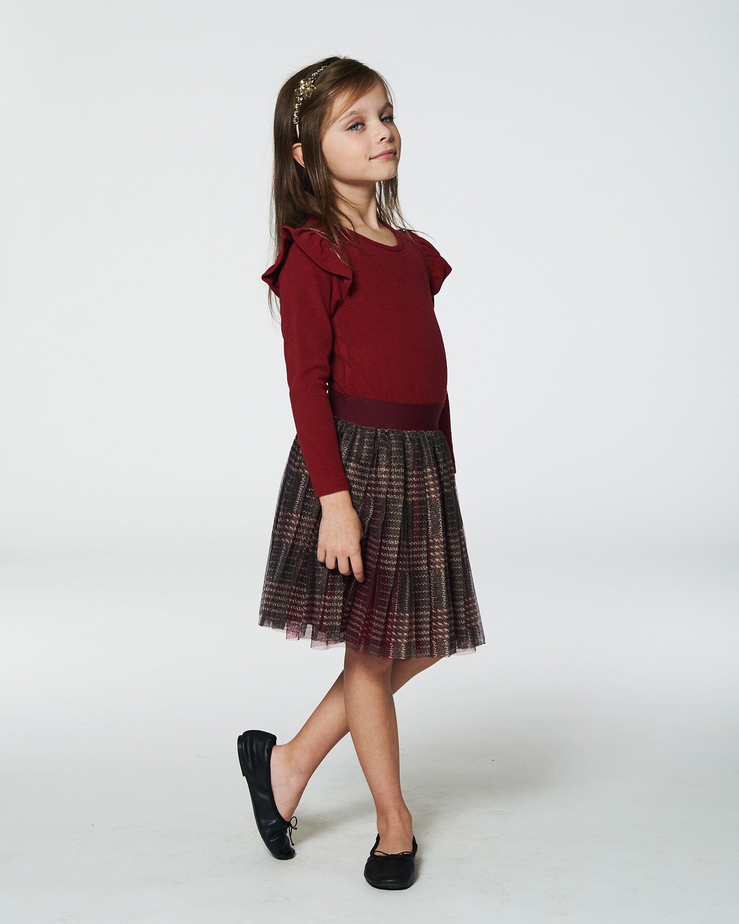 Long Sleeve Dress With Glittering Tulle Skirt Red Plaid