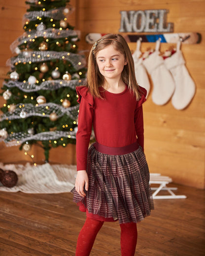 Long Sleeve Dress With Glittering Tulle Skirt Red Plaid