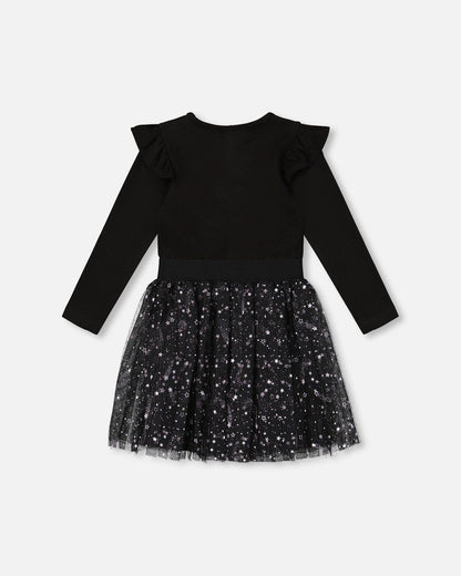 Long Sleeve Dress With Glittering Tulle Skirt Black