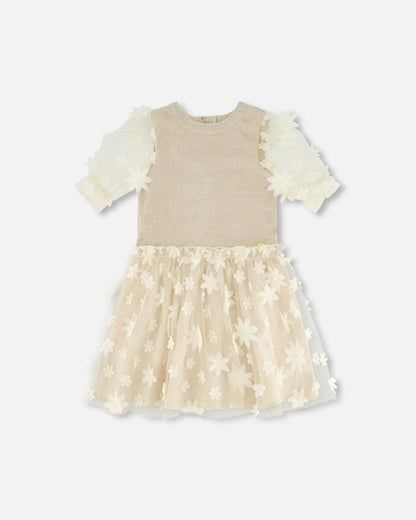 Elbow Sleeve Dress With Tulle Skirt Glittering Beige