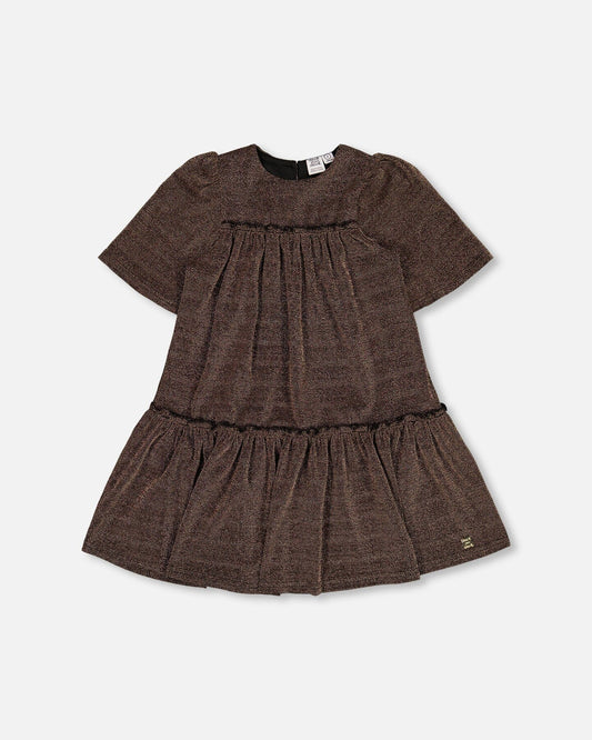 Short Sleeve Metallic Dress With Frills Golden Brown