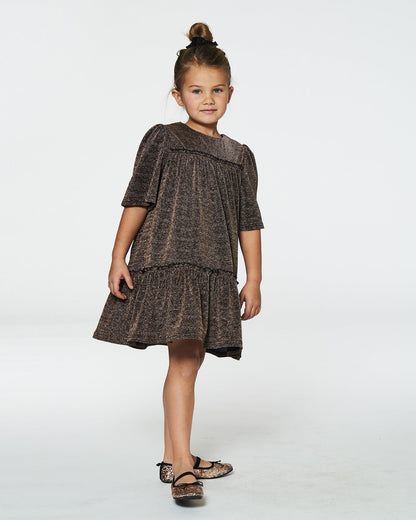 Short Sleeve Metallic Dress With Frills Golden Brown