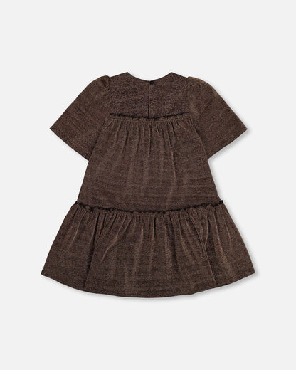 Short Sleeve Metallic Dress With Frills Golden Brown