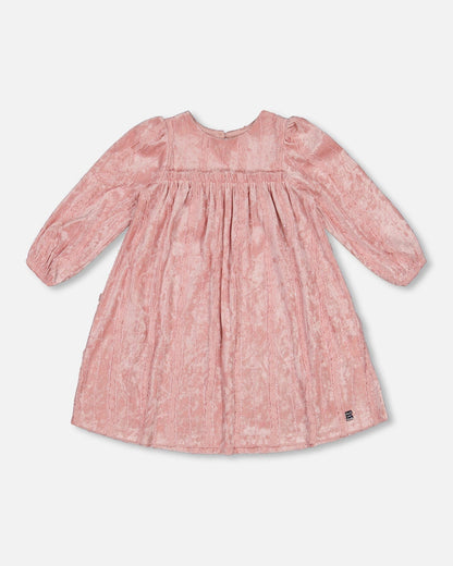 Long Sleeve Velvet Dress With Frills Light Pink