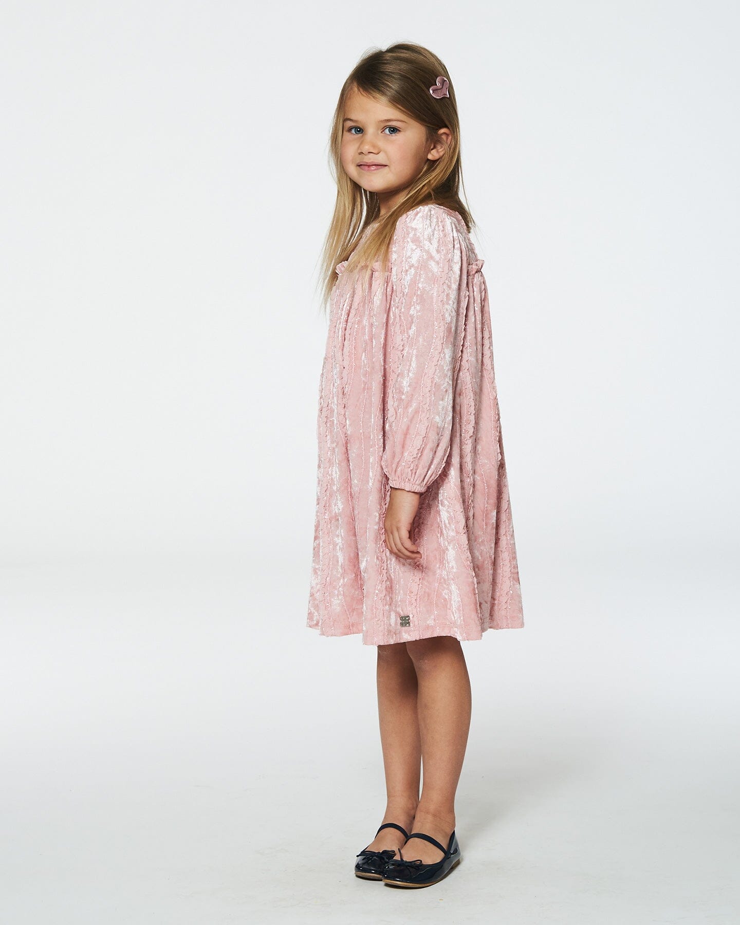 Long Sleeve Velvet Dress With Frills Light Pink