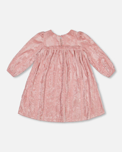 Long Sleeve Velvet Dress With Frills Light Pink