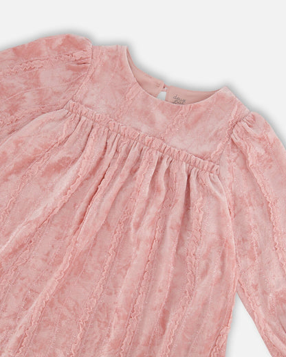 Long Sleeve Velvet Dress With Frills Light Pink