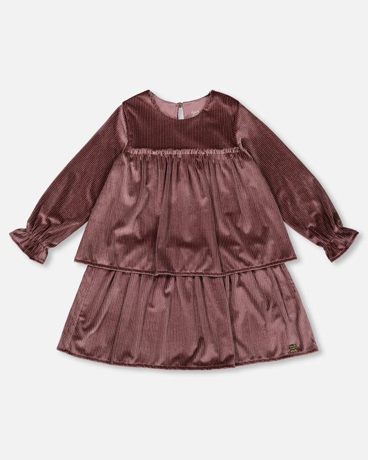 Long Sleeve Metallic Dress With Frills Burgundy