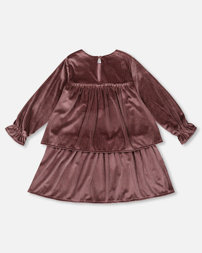 Long Sleeve Metallic Dress With Frills Burgundy