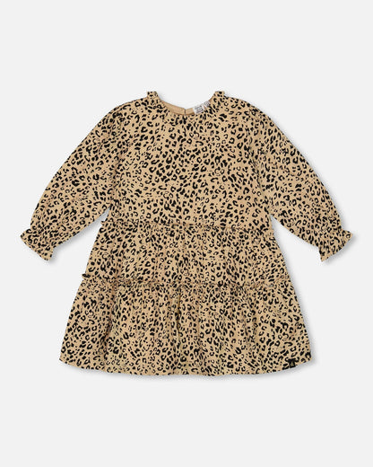 Long Sleeve Viscose Dress With Frill Printed Leopard