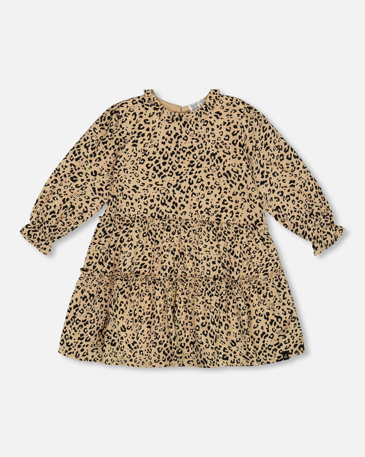 Long Sleeve Viscose Dress With Frill Printed Leopard