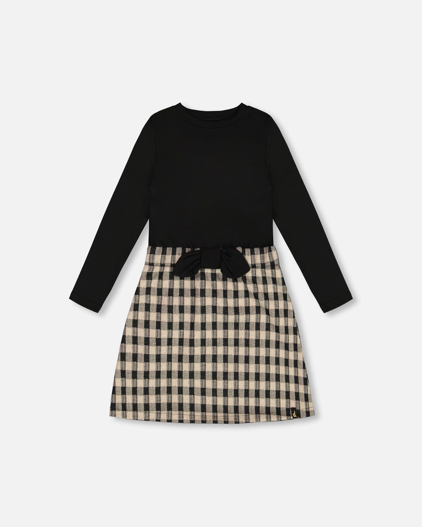 Bi-Material Dress With Bow Plaid Black And Beige