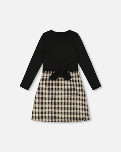 Bi-Material Dress With Bow Plaid Black And Beige