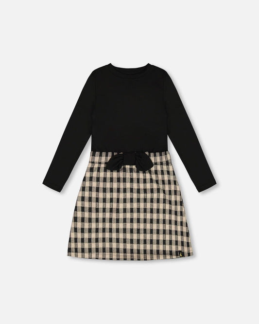 Bi-Material Dress With Bow Plaid Black And Beige