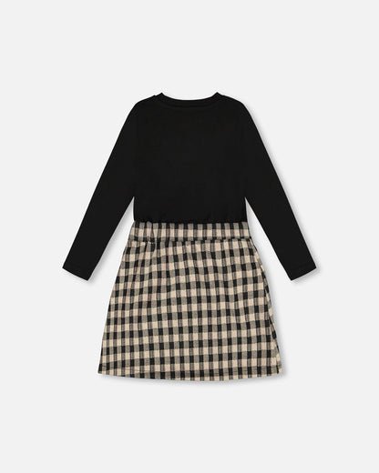 Bi-Material Dress With Bow Plaid Black And Beige