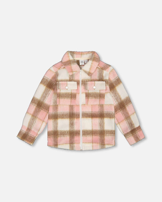 Overshirt Wool-Effect With Pockets Plaid Pink, Nougat And Off White