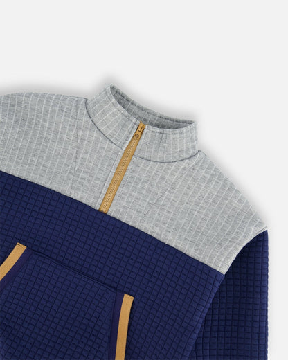 Quilted Half Zip Top Blue And Gray