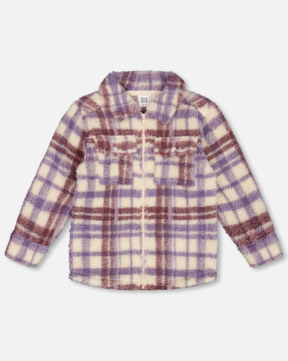 Zip Front Sherpa Overshirt Plaid Purple And White